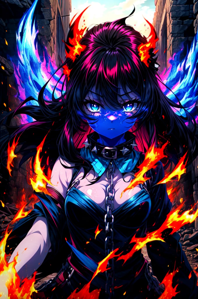 masterpiece, best quality, 1girl, solo, (upper body,loli), (((white skin))), (black hair, blue eyes, long hair, wavy hair), , standing,(shackles), (spiked collar), (blue flames, blue fire, burning), (hell, ruins), looking at viewer,