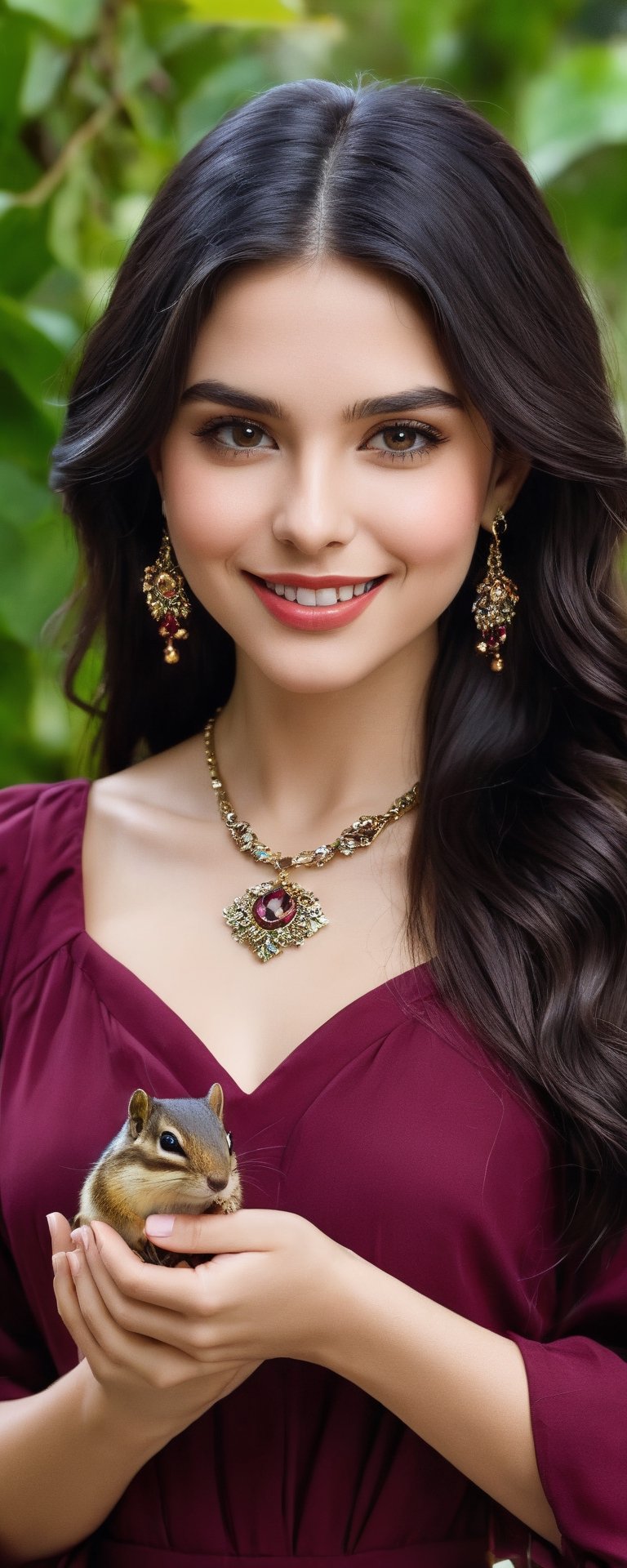 (best quality, masterpiece, ultra detailed, 8K, RAW photo), absurdres, a beautiful young woman holding a chipmunk, flowy long black hair, claret blouse,dark eyes,glossy lips,kind smile,intricate jewelry,necklace,earrings, bliss, botanical background,vibrant color, colorful, 