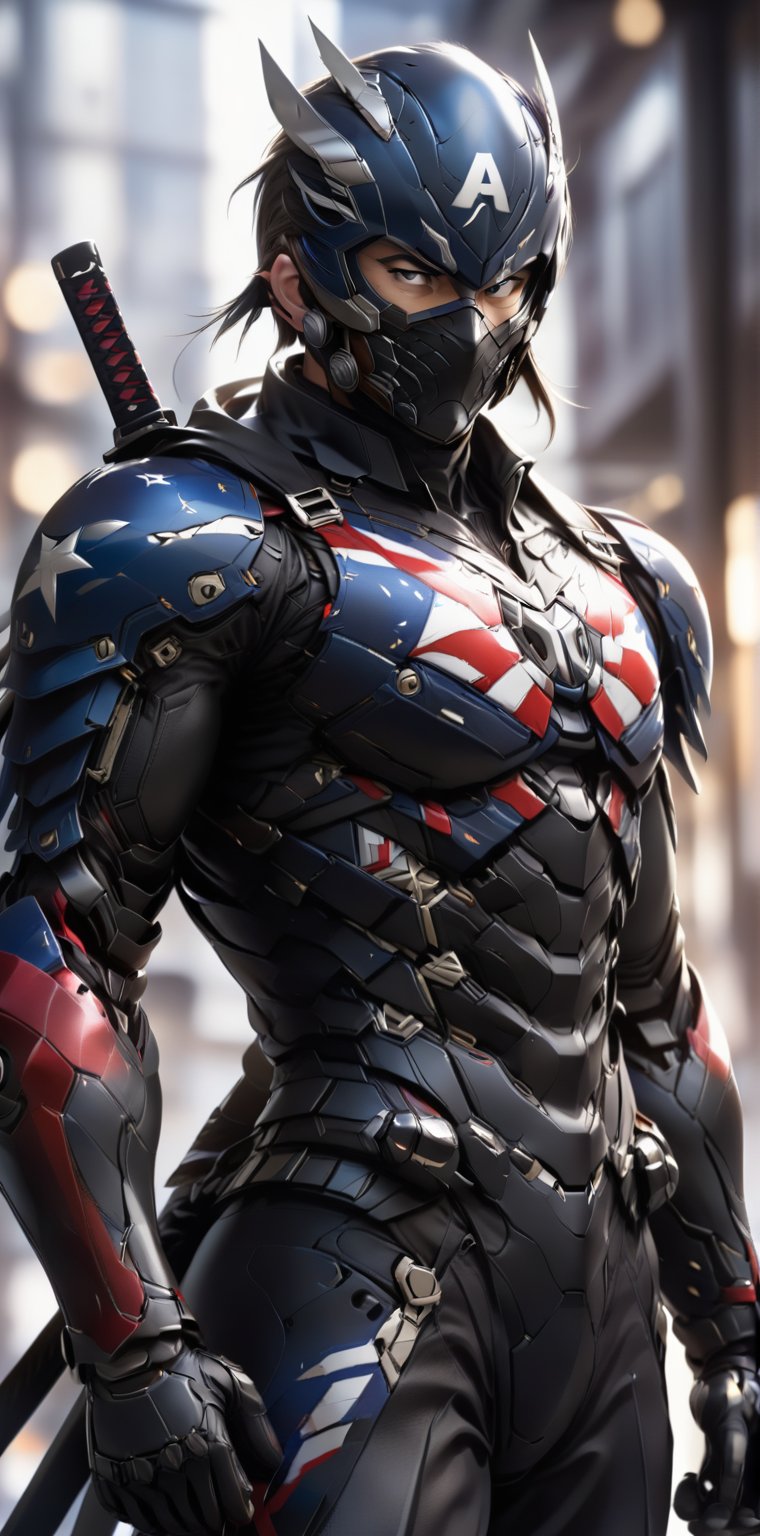 solo, 1boy, upper body,weapon, male focus, sword, armor, blurry, bodysuit, mask, blurry background, standing, katana, sheath, sheathed, japanese armor, superhero, weapon on back, captain america 
web print