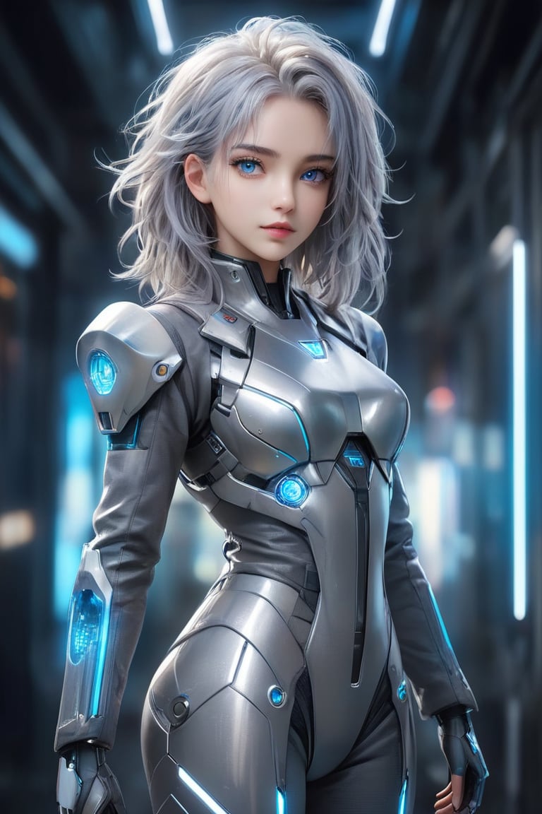 Create a realistic image of beautiful europian 28 year girl, full body side view straight silver Messy hair, wearing gray colour future suit,  sci-fi, blue eyes with crystal clear , blurred background , looking_at_viewer, futuristic , night mode, portrait mode, 