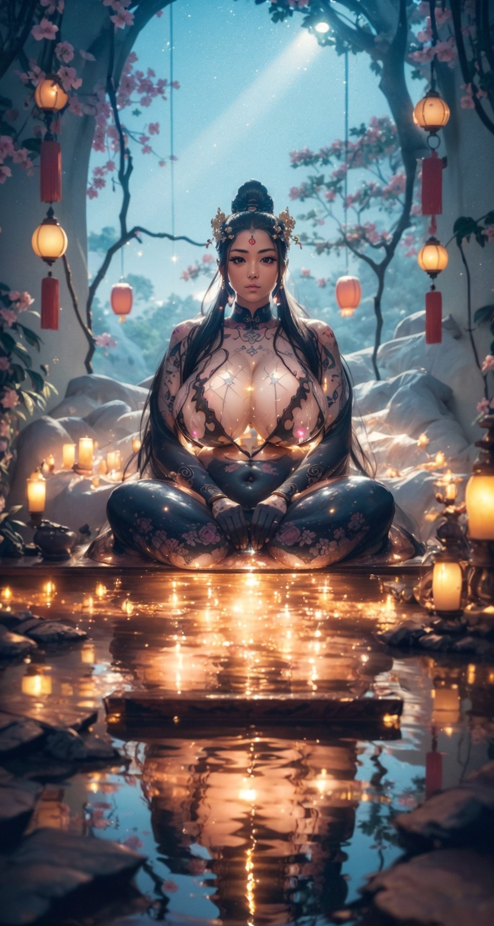 (asian girls), Landscape painting, tattoo, very huge and Bigger breasts, ((Bodhisattva)), Clear facial features, serene expression, solemn, tranquil, fairy, ancient Chinese style, stunning beauties, dance,

 divine light, dazzling light, contemplation, enlightenment, Diamond Sutra, Great Compassion Mantra, extreme detail, great realism, Macro photography, close-up, hyper detailed, trending on artstation, sharp focus, studio photo, intricate details, 
highly detailed, masterpiece, brown eyes, best quality, very huge and Bigger breasts, the girl body transparent, face is clear and transparent, (extra large breasts1:3),  

, Bigger ass, (very long leg), ((Everything is sparkling、reflecting light:1.3)), realistic, ultra highres, specify the lighting & effect (detailed face:1.2),
 Colorful tattoos on body, The body estrus, nipples can be seen, full of sweat, Sweat shines, The angle of the camera looking from bottom to top, (detailed eyes:1.2), (detailed background), (masterpiece:1.2), (ultra detailed), (best quality)(detailed face:1.2), )), ((perfectly proportions, Beautiful body, showing your whole body:1.5)), (detailed eyes:1.2), shiny skin,