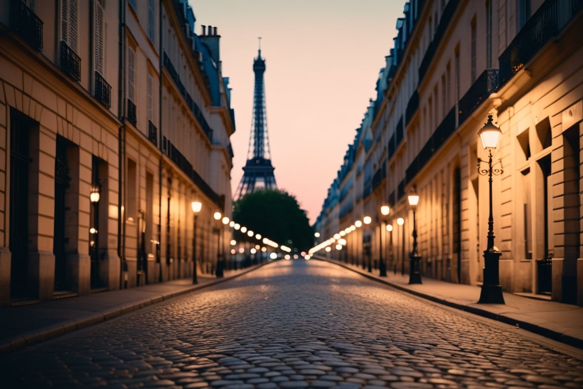 IMAGE_TYPE: Romantic photography | GENRE: Classical music | EMOTION: Dreamy | SCENE: A soft-focus image of an old Parisian street at dusk, with warm street lights illuminating the cobblestones and a distant silhouette of the Eiffel Tower | ACTORS: None | LOCATION TYPE: Parisian street | CAMERA MODEL: Leica M10-R | CAMERA FOCUS: Soft Focus | SPECIAL EFFECTS: Warm, glowing lights, vintage color grading | TAGS: French summer nights, Paris, Eiffel Tower, dusk, street lights, romantic, dreamy, Hector Berlioz, César Franck




