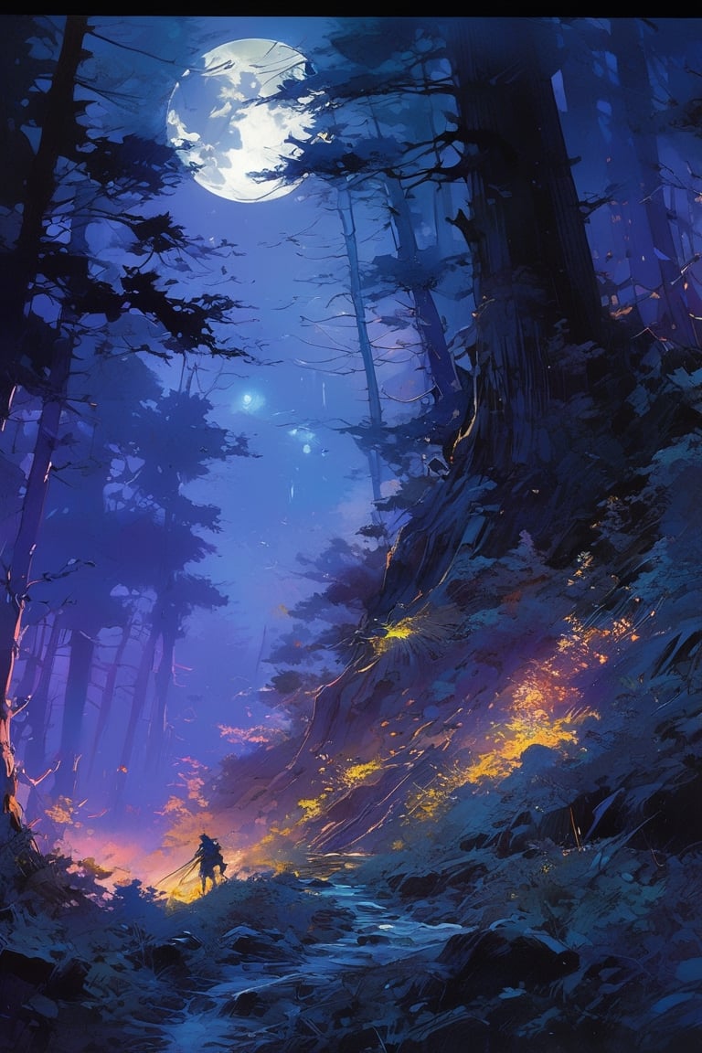 On a full moon night in a supernatural forest, Metallic_Vexing_Violet_color, magic, soft lighting, sharp focus, by Marc Simonetti & yoji shinkawa & wlop & james jean, paint drops, rough edges, trending on artstation, studio photo, intricate details, highly detailed, moonrays, detailed brushwork, illustration, epic perfect composition, energetic, dan mumford and anna dittmann