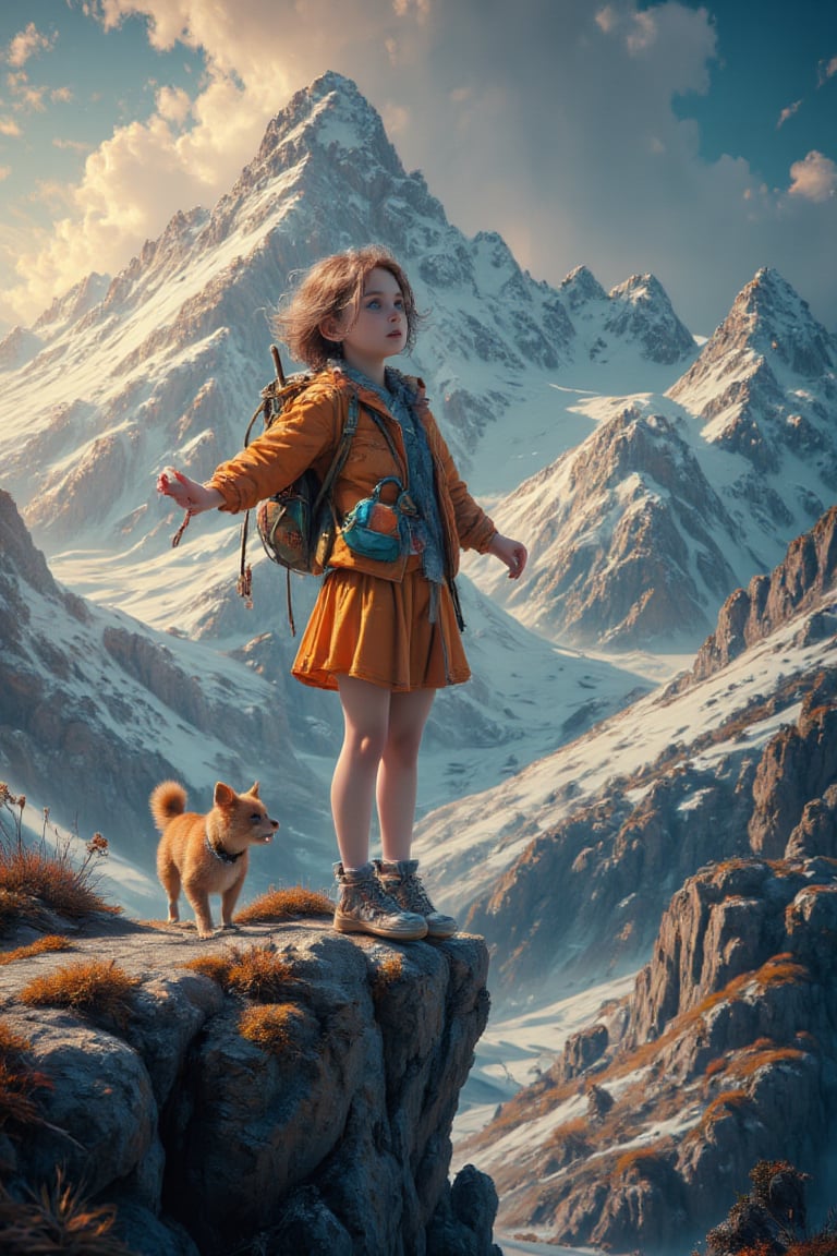 O Louco (0) "A youthful figure on the edge of a cliff, dressed in bright, carefree clothing, looking up to the sky with a small bag on a stick over their shoulder. A small dog joyfully jumps by their feet. The background shows a bright sun and snow-capped mountains. The scene symbolizes adventure, new beginnings, and naivety." dystopian, dramatic lighting, perfect image for mobile wallpaper, 16K, UHD, ((masterpiece)), ((best quality)), full image size, ((best ever))