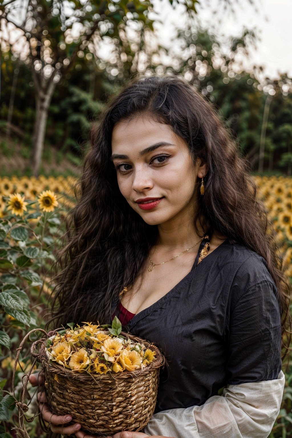 gorgeous indian woman, autumn, basket, blurry, blurry_background, blurry_foreground, coin, dandelion, depth_of_field, dress, earrings, explosion, field, flower, flower_field, food, gold, honey, jewelry, lemon, lipstick, makeup, male_focus, necklace, orange_\(fruit\), orange_flower, orange_slice, photo_\(medium\), realistic, smile, solo, sunflower, yellow_flower, yellow_rose