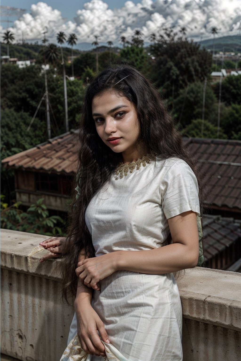 indian girl in salwar, dress, traditional dress, cute, holding duppata in hand, at roof top, background_sky 