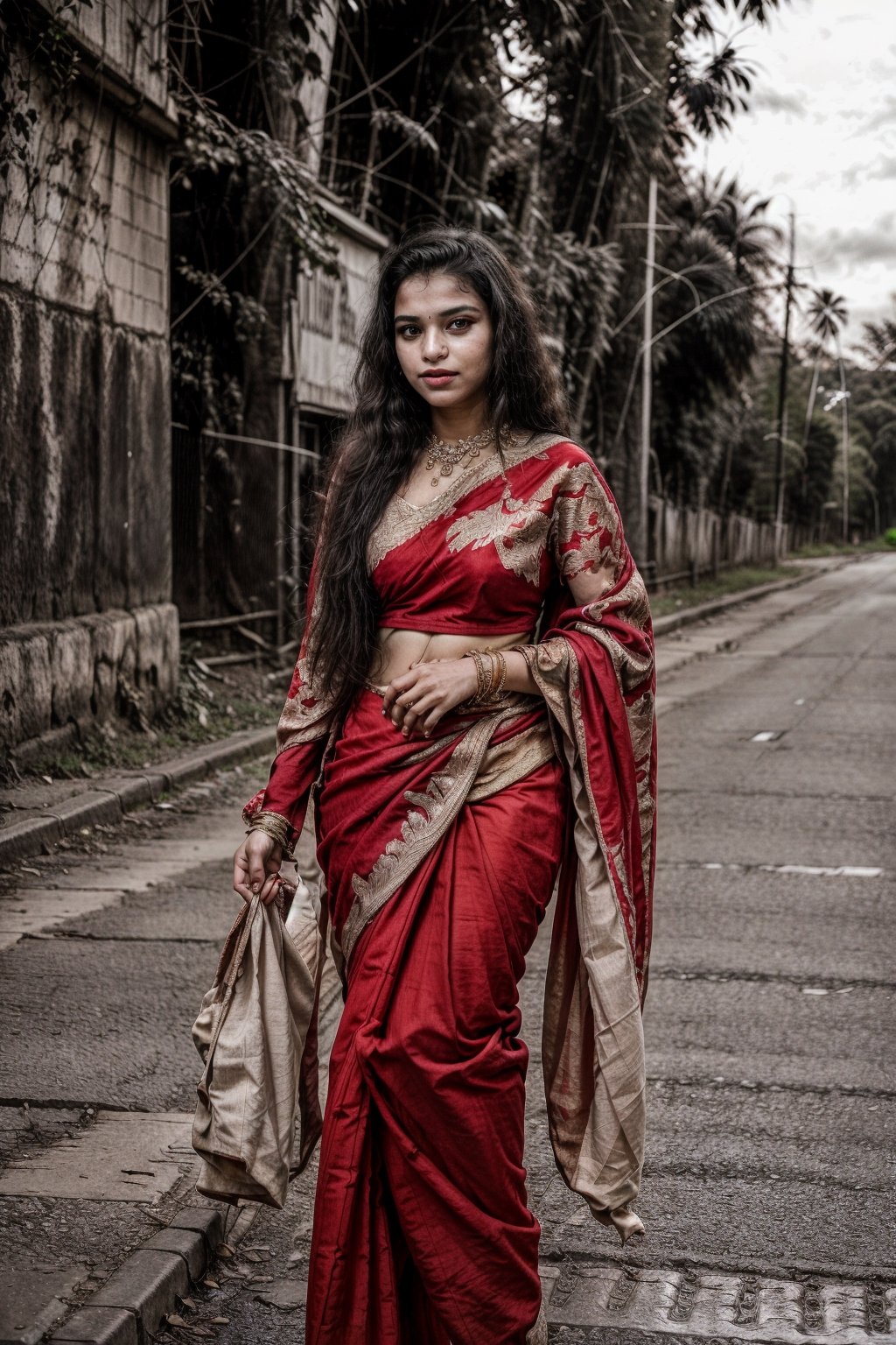 lovely cute young attractive indian teenage girl, village girl, 20 years old, cute, an instagram model, long blonde_hair, colorfull hair, wearing saree, winter, standing on road, indian