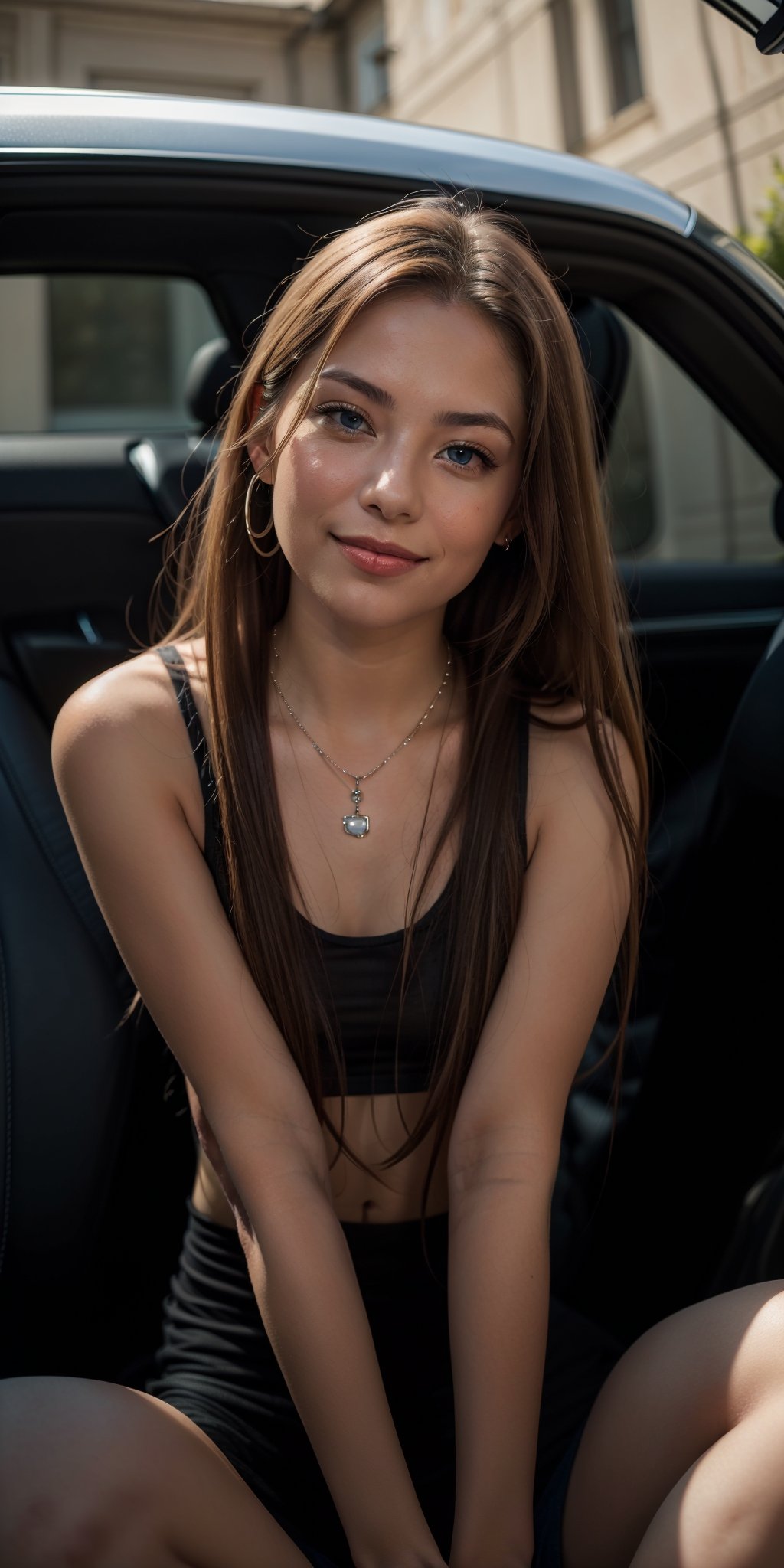 1girl, solo, long hair, looking at viewer, smile, blue eyes, blonde hair, jewelry, sitting, necklace, lips, realistic, car, car interior