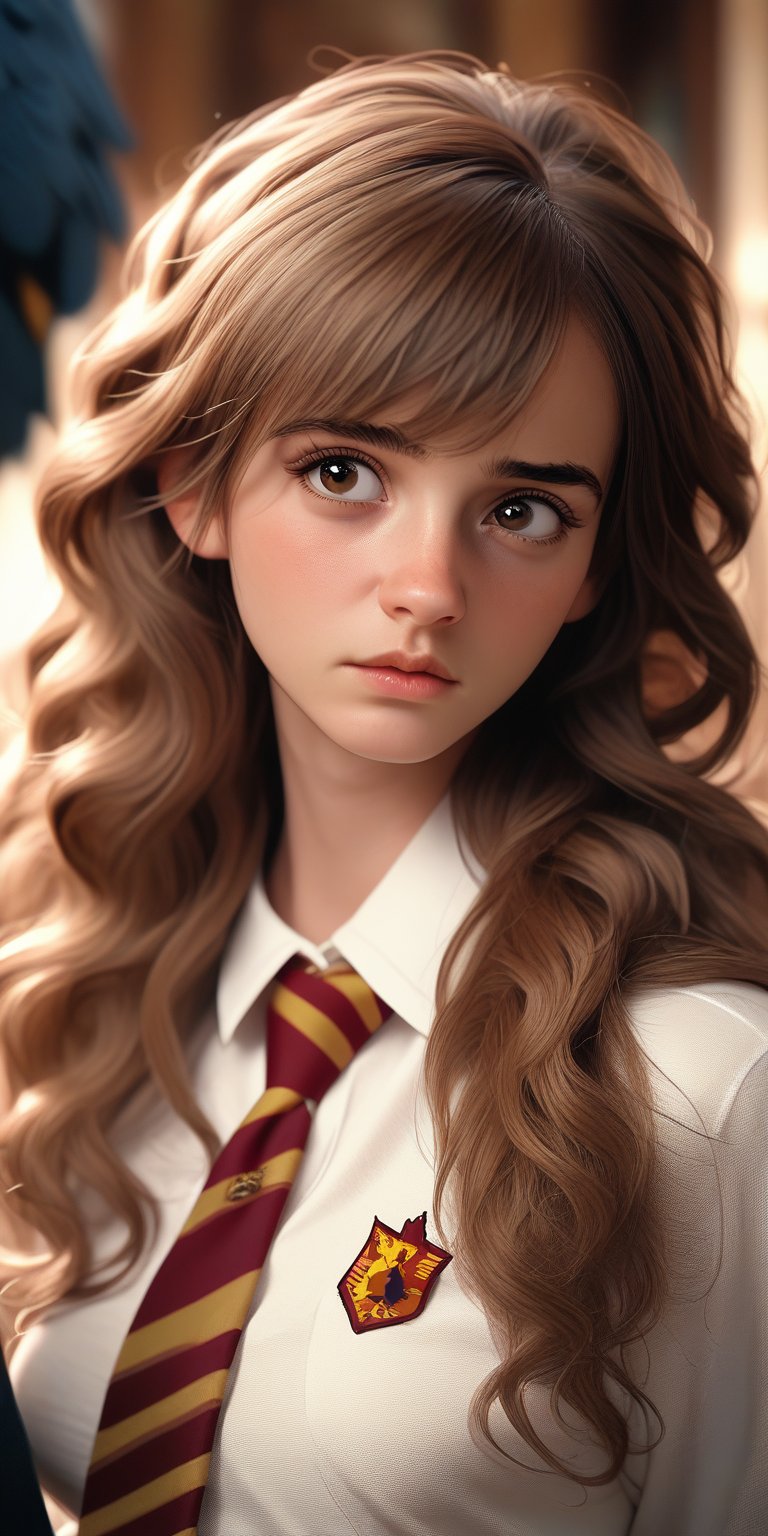 score_9, score_8_up, score_7_up, score_6_up, 18 yo girl, 18 yo boy,   female focus, Hermione Granger, bushy brown hair and brown eyes, long hair, gryffindor uniform, necktie, white shirt,hermione11granger