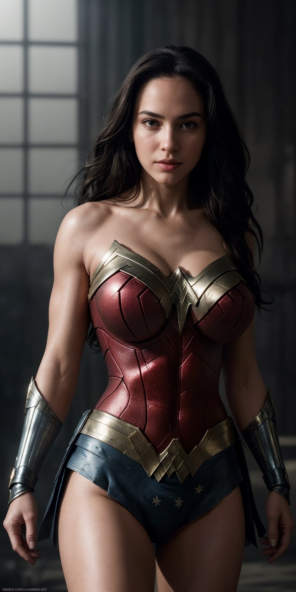 Create a highly detailed and ultra-realistic cinematic portrait of Wonder Woman, medium tits, in the style of a magazine cover. The image should exude a captivating and dramatic atmosphere, with as the central focus. Pay special attention to their facial features, clothing, and overall appearance, ensuring that every detail is meticulously rendered for maximum realism. The lighting should be expertly crafted to create depth and dimension, with a careful balance of highlights and shadows to bring out the best in features. The background should complement the subject without overshadowing them, adding to the overall cinematic feel of the image. 