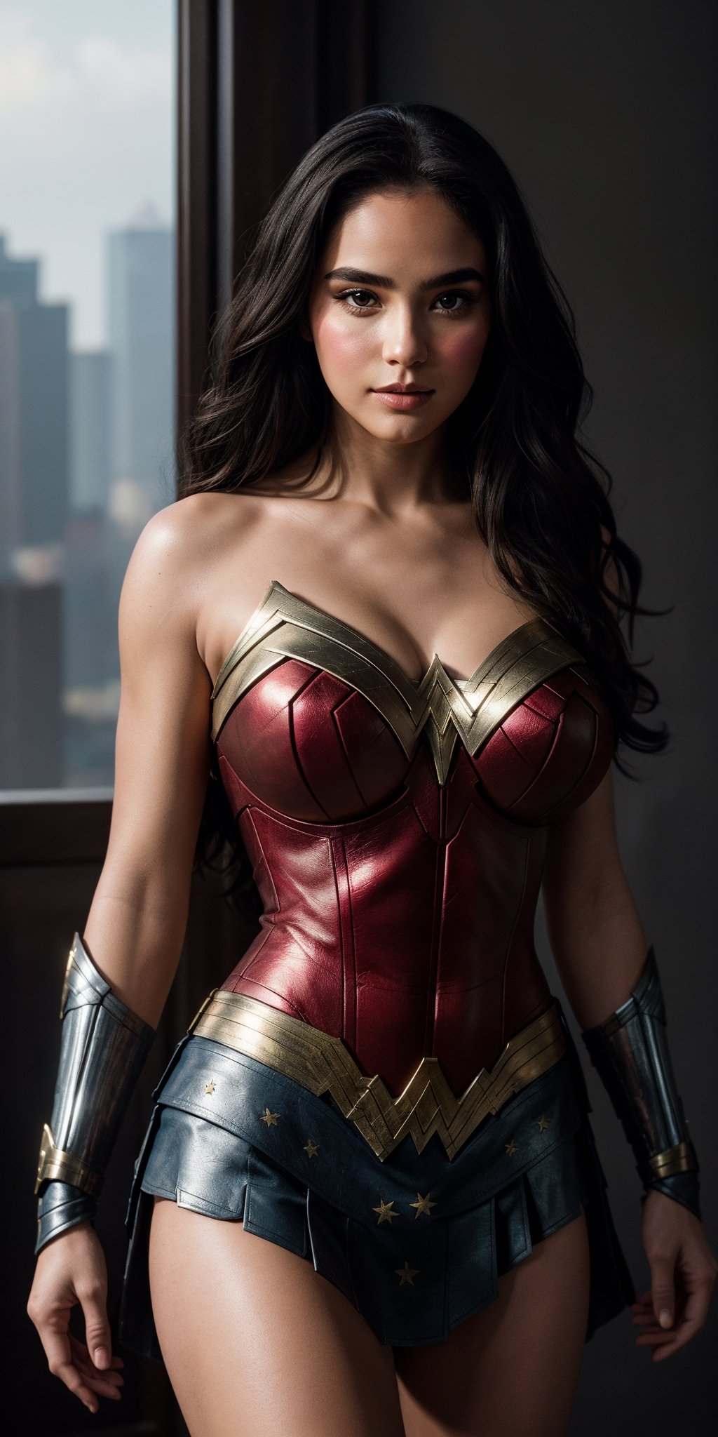 Create a highly detailed and ultra-realistic cinematic portrait of Wonder Woman, medium tits, in the style of a magazine cover. The image should exude a captivating and dramatic atmosphere, with as the central focus. Pay special attention to their facial features, clothing, and overall appearance, ensuring that every detail is meticulously rendered for maximum realism. The lighting should be expertly crafted to create depth and dimension, with a careful balance of highlights and shadows to bring out the best in features. The background should complement the subject without overshadowing them, adding to the overall cinematic feel of the image. 