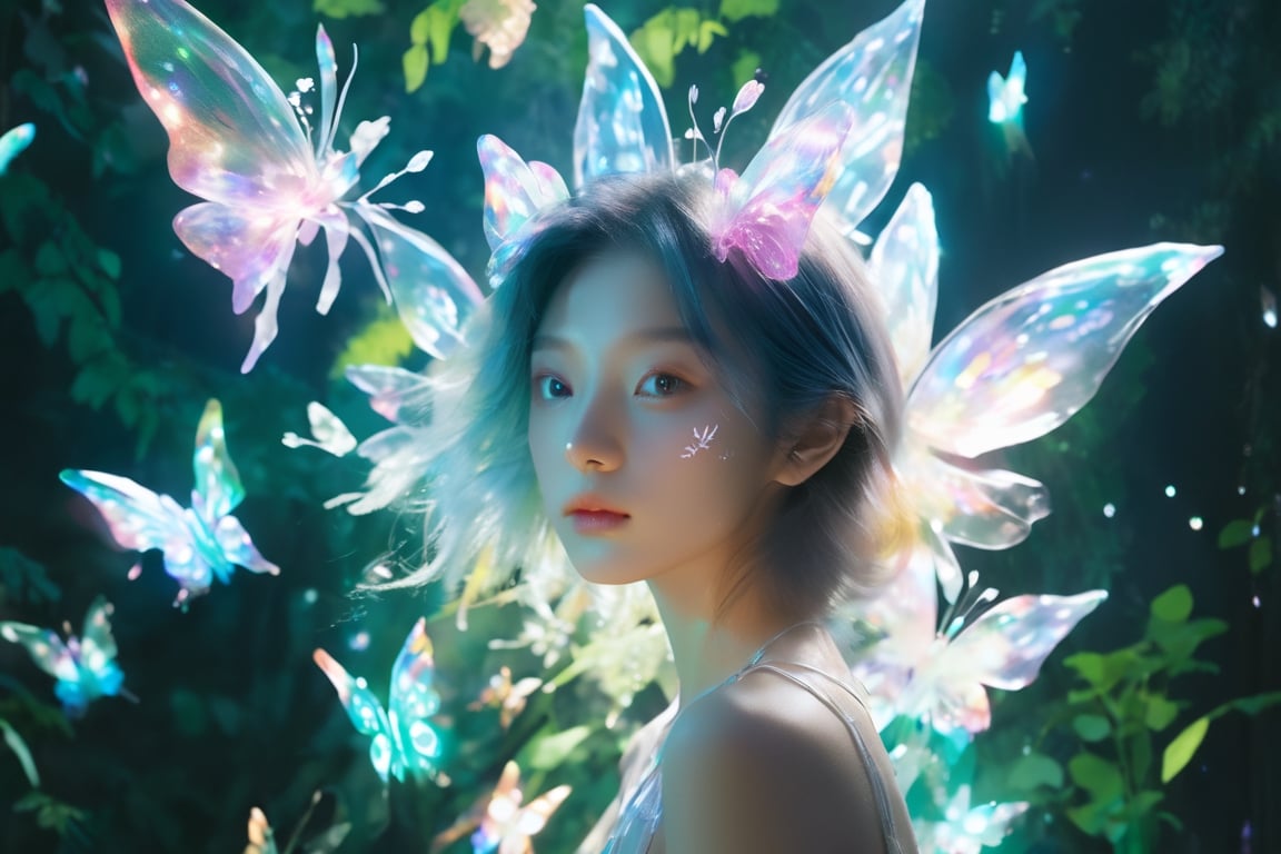 Cinematic of fairy girl, cool_vibe, small_nose, (范冰冰), realistic artwork, high detailed, professional, upper body photo of a transparent porcelain cute creature, with glowing backlit panels, anatomical plants, dark forest, grainy, shiny, with vibrant colors, colorful, ((realistic skin)), glow surreal objects floating, ((floating:1.4)), contrasting shadows, photographic, niji style, 1girl, xxmixgirl, FilmGirl, aura_glowing, colored_aura, Movie Still, final_fantasy_vii_remake, ((big_breast:1.1)), transparent_butterflies are part of her body,aw0k euphoric style