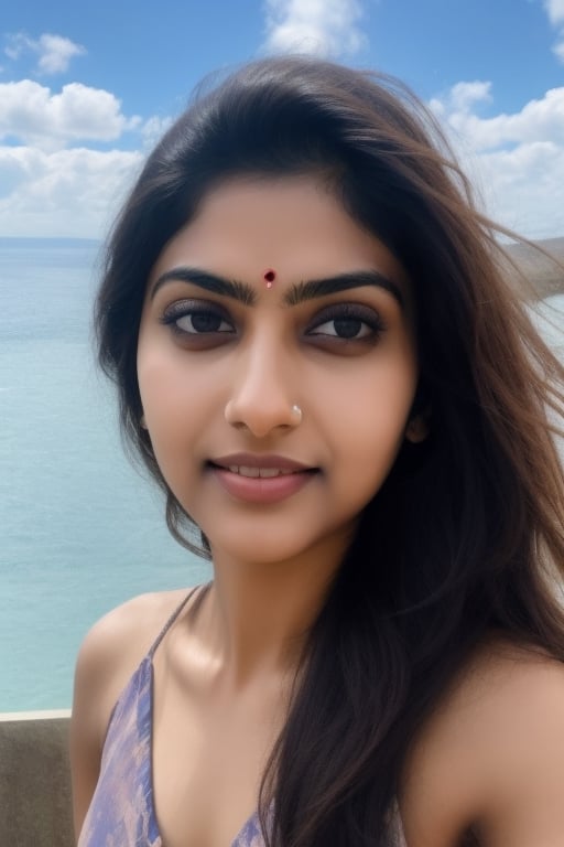 beautiful indian girl, good looking, neither slim nor fatty, 25 year old, stands in balcony, sea, clouds in sky, beautiful face, beautiful face, most beautiful face, natural looking, natural realistic skin, lips some bigger than normal, cheeks bigger than normal size, big eyelids, kajal in eyes, open hairs, 