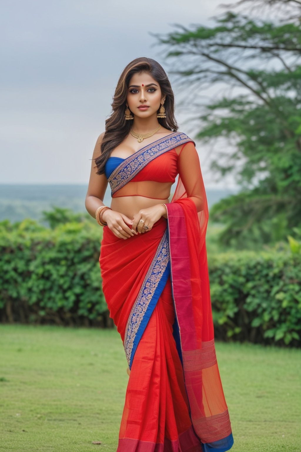 (8K, Raw-Photo, Top Quality, ​masterpiece: 1.1), 1girl, yound beautiful Indian girl, Indian white face with makeup, film, photography realism, smooth skin, ultra hd, 20 year old,proper breasts ,pretty face, attractive body shape,sandals, realistic ,1 girl, sari_dress, blue sari with red border lining, looking gorgeous,in garden, park, stood near car ,big tires ,realistic ,mobile phone in hand,cloudy sky,