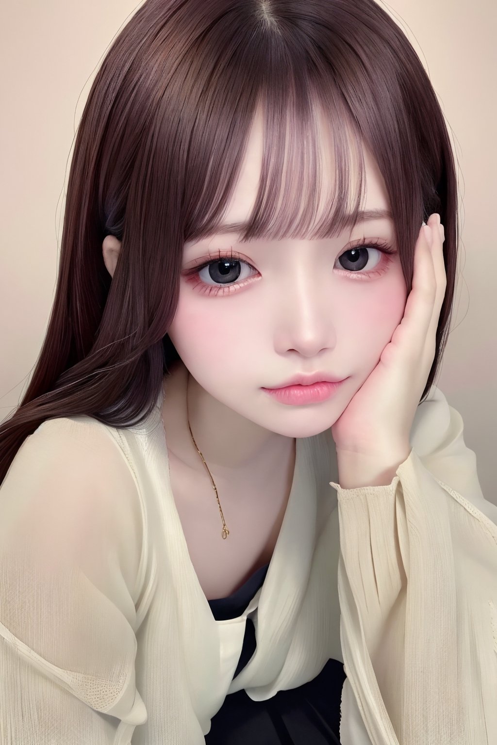 (masterpiece, best quality, photorealistic, high resolution, 8K raw photo), beauty model, cute idol face, (thin lips and Small mouth),
1girl, slender, Korean girl, smooth soft parl skin, detailed fair skin, black hair, (dark brown eyes), small boobs, A slightly troubled face,
detailed skin, pore, lovely expression, straight long hair, blunt bangs, sheer bangs, realistic, cute look, Red eyeshadow, 
Break,
wearing(sheer shirt, black pencil skirt), (face focus:1.2),
beige plain background, Detailedface, 
Realism, Epic ,Female, Portrait, Raw photo, Photography, Photorealism, SGBB, alluring_lolita_girl, Young beauty spirit  ,little_cute_girl,_uucham_