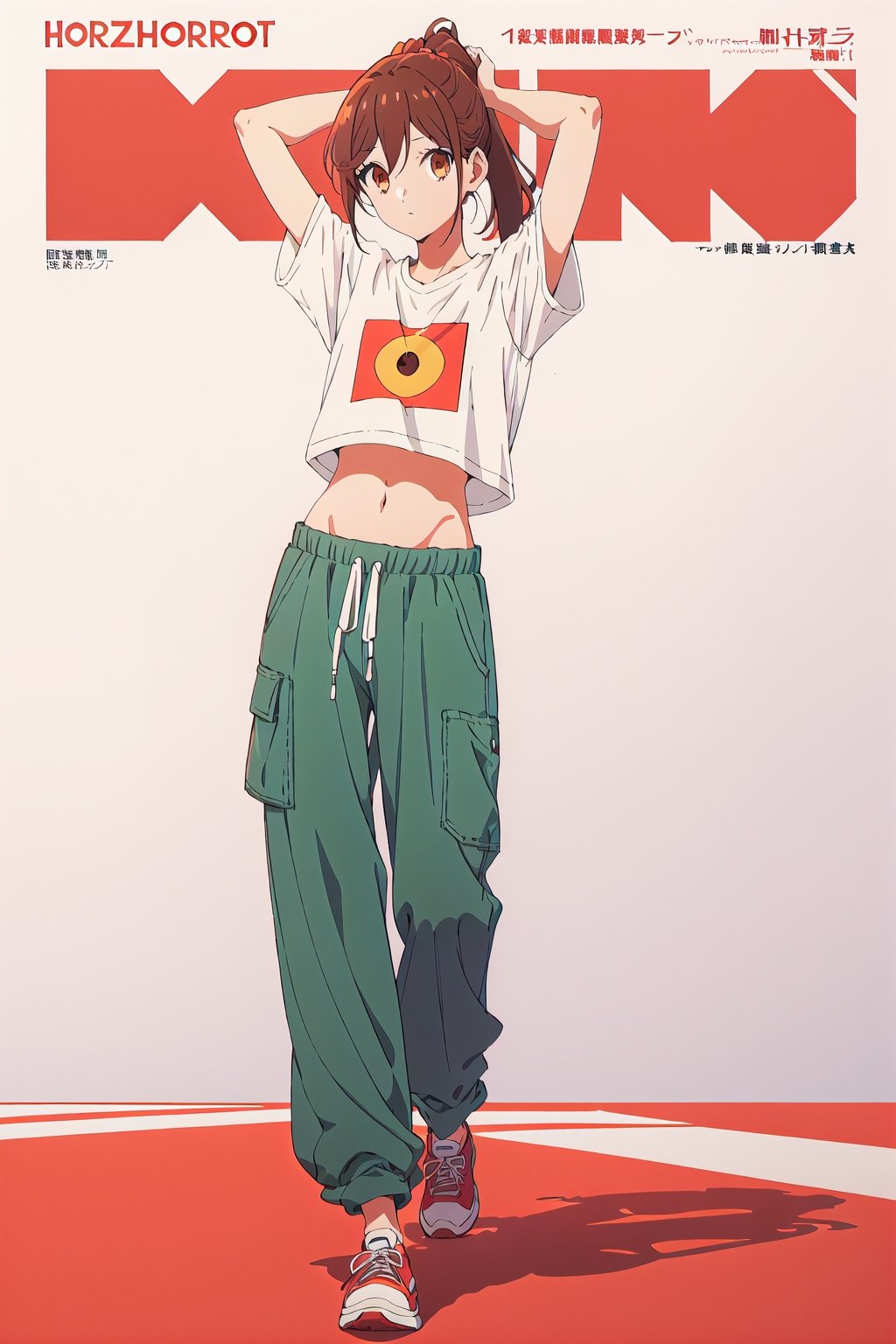 horimiya_hori,1girl ,brown eyes,
ponytail,magazine cover,modeling pose, foreground,pov_eye_contact,Retro,mature, full_body, 
standing,mini t-shirt, bare belly,retro baggy pants,arms behind head, white background,
sneakers