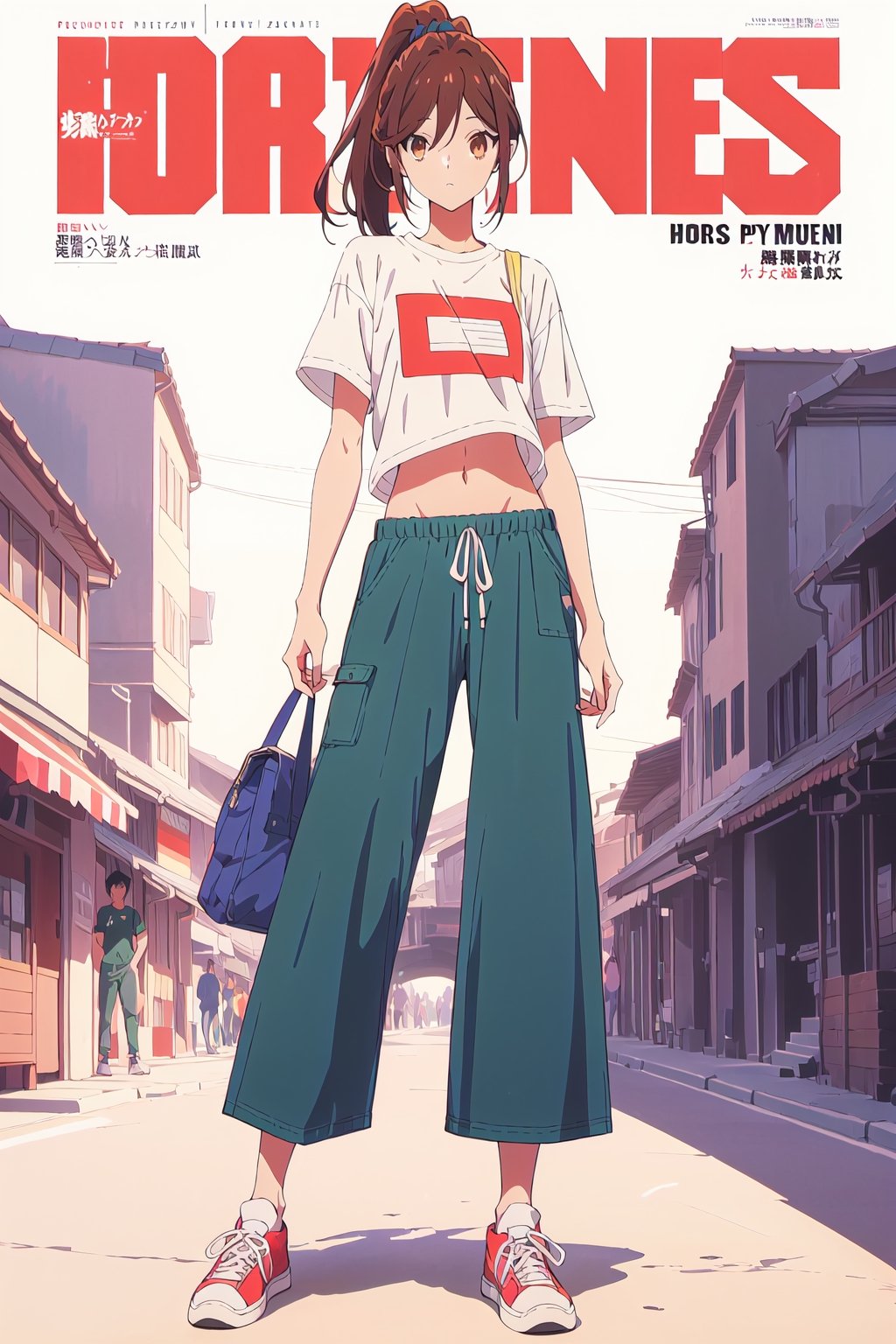 horimiya_hori,1girl ,brown eyes,
ponytail,magazine cover,modeling pose, foreground,pov_eye_contact,Retro,mature, full_body, 
standing,mini t-shirt, bare belly,retro baggy pants,arms behind head, white background,
sneakers