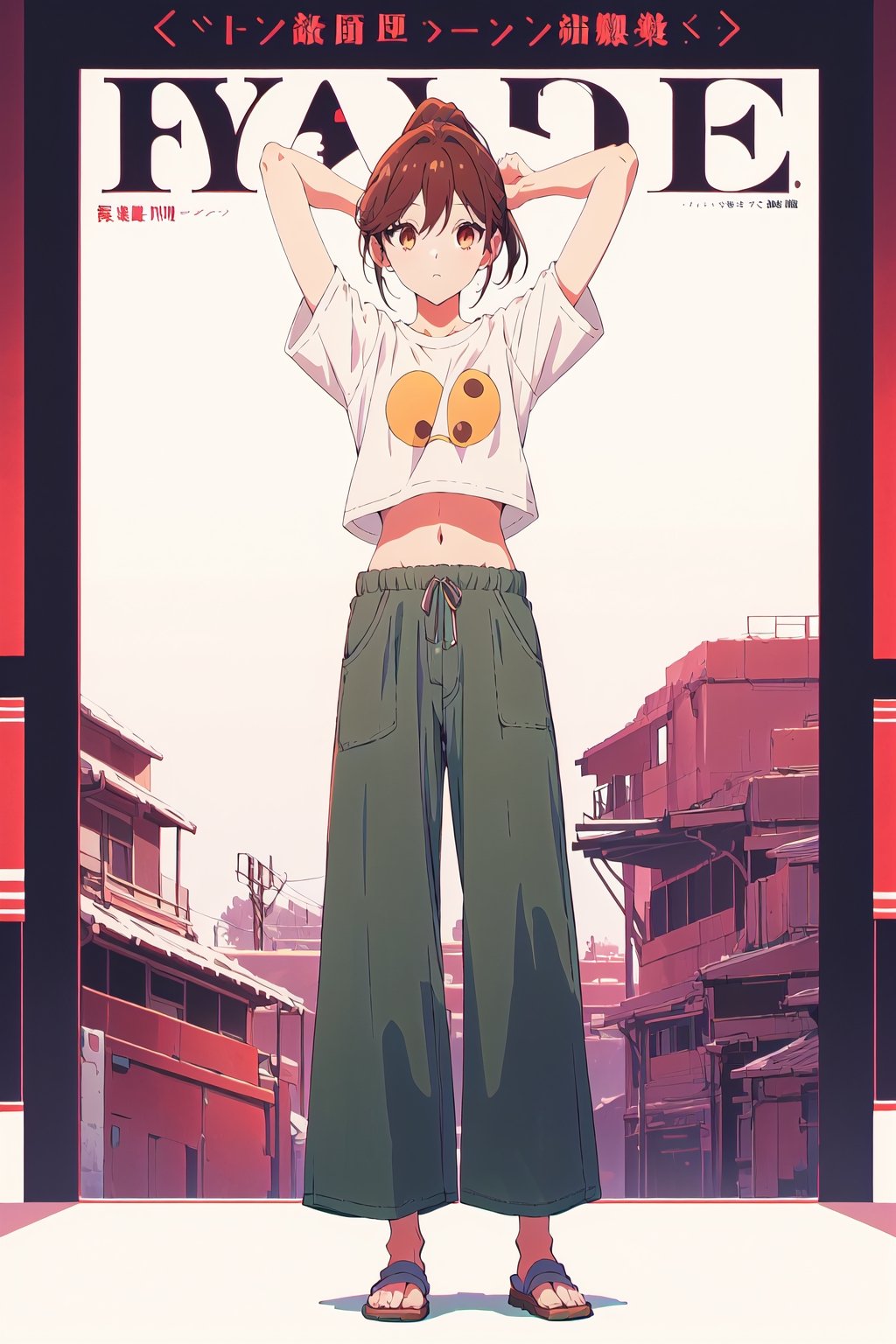 horimiya_hori,1girl ,brown eyes,
ponytail,magazine cover,modeling pose, foreground,pov_eye_contact,Retro,mature, full_body, 
standing,mini t-shirt, bare belly,retro baggy pants,arms behind head, white background