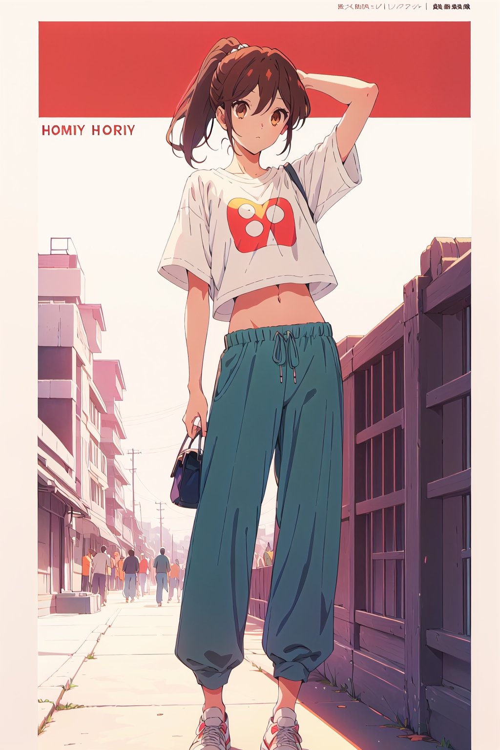 horimiya_hori,1girl ,brown eyes,
ponytail,magazine cover,modeling pose, foreground,pov_eye_contact,Retro,mature, full_body, 
standing,mini t-shirt, bare belly,retro baggy pants,arms behind head, white background,
sneakers