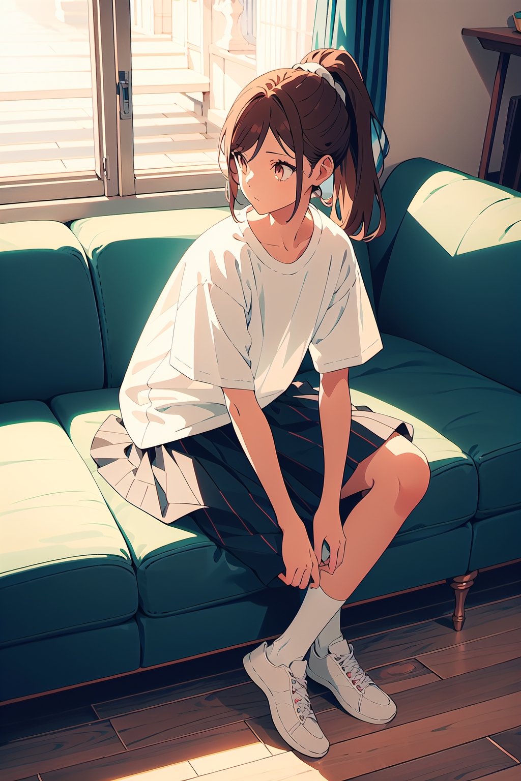 1girl,25 years old,ponytail,brown eyes,brown hair,portrait, white sportswear,white t-shirt, vintage skirt,illustration,fcloseup,rgbcolor, full_body, sitting, vintage sofa,front view