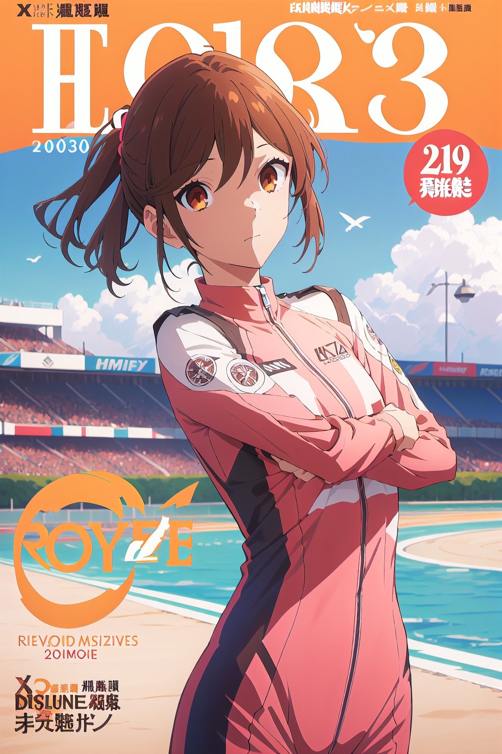 horimiya_hori,1girl,20 years old,brown eyes,magazine cover,modeling pose, standing,foreground,dominant,pov_eye_contact, driver racing suit,