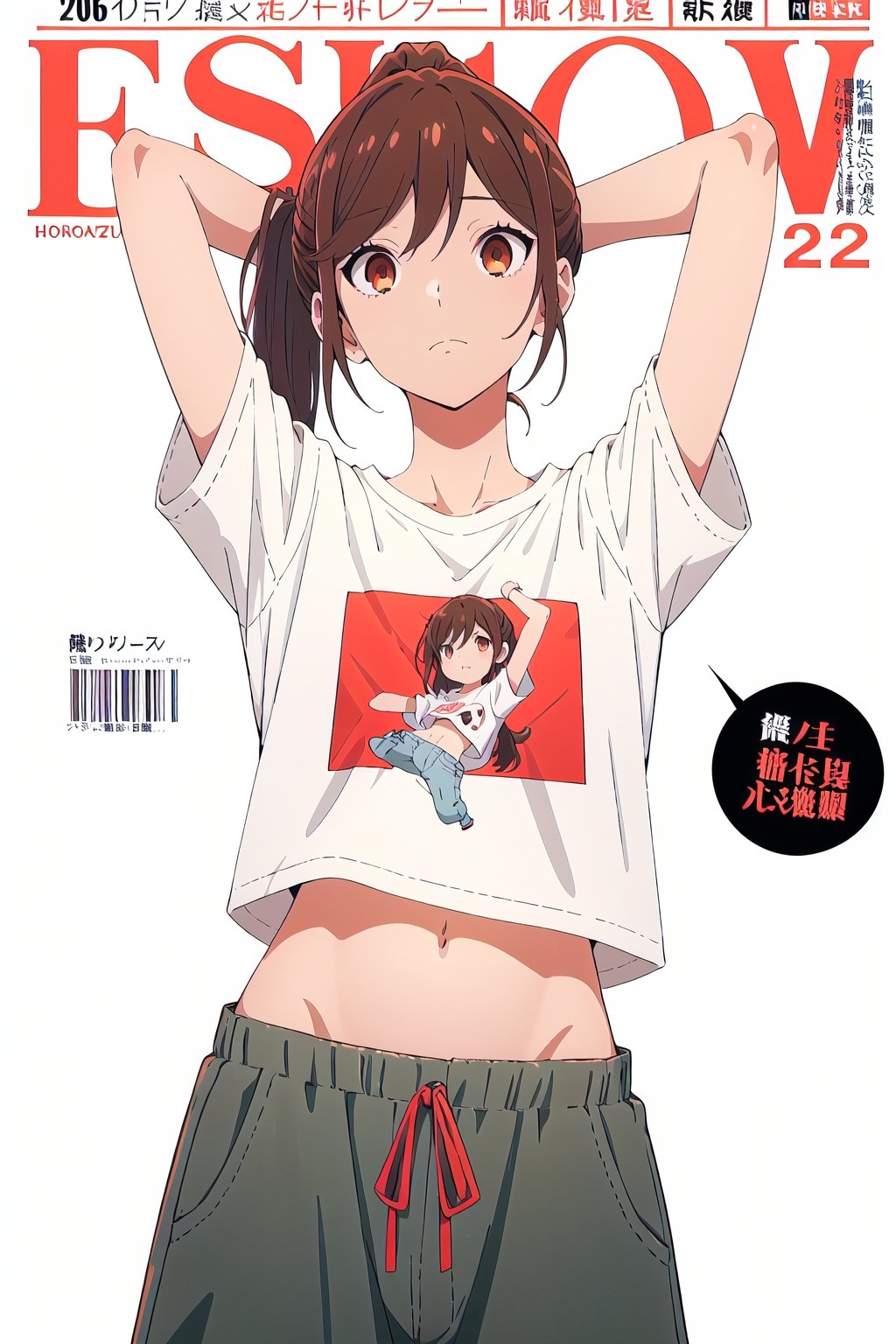 horimiya_hori,1girl ,brown eyes,
ponytail,magazine cover,modeling pose, foreground,pov_eye_contact,mature, 
standing,mini t-shirt, bare belly,retro baggy pants, white background,arms behind head