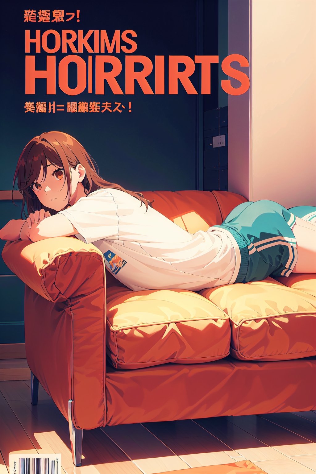 1girl,horimiya_hori, brown eyes,
vintage long hairstyle,magazine cover,modeling pose, side view, lying down, face up, full_body, sofa,sports t-shirt, sports shorts