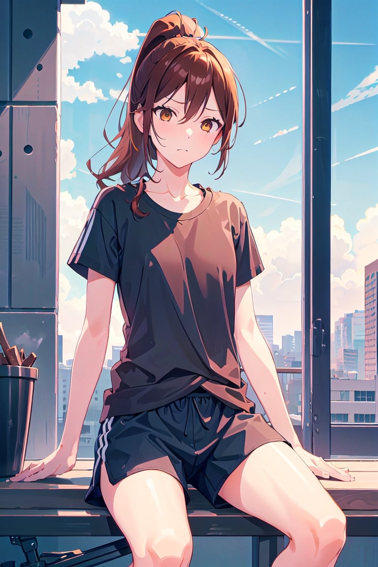 1girl,hori kyouko, brown_eyes, brown_hair, ponytail, seducing, sport t-shirt, sport shorts, defiant look, sitting, 