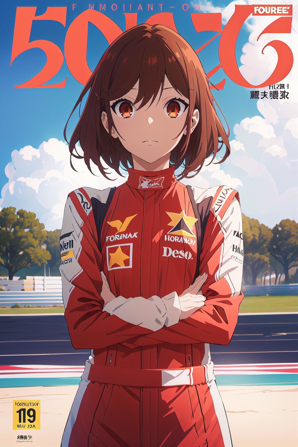 formula 1,horimiya_hori,1girl,20 years old,brown eyes,magazine cover,modeling pose, standing,foreground,dominant,pov_eye_contact, driver racing suit