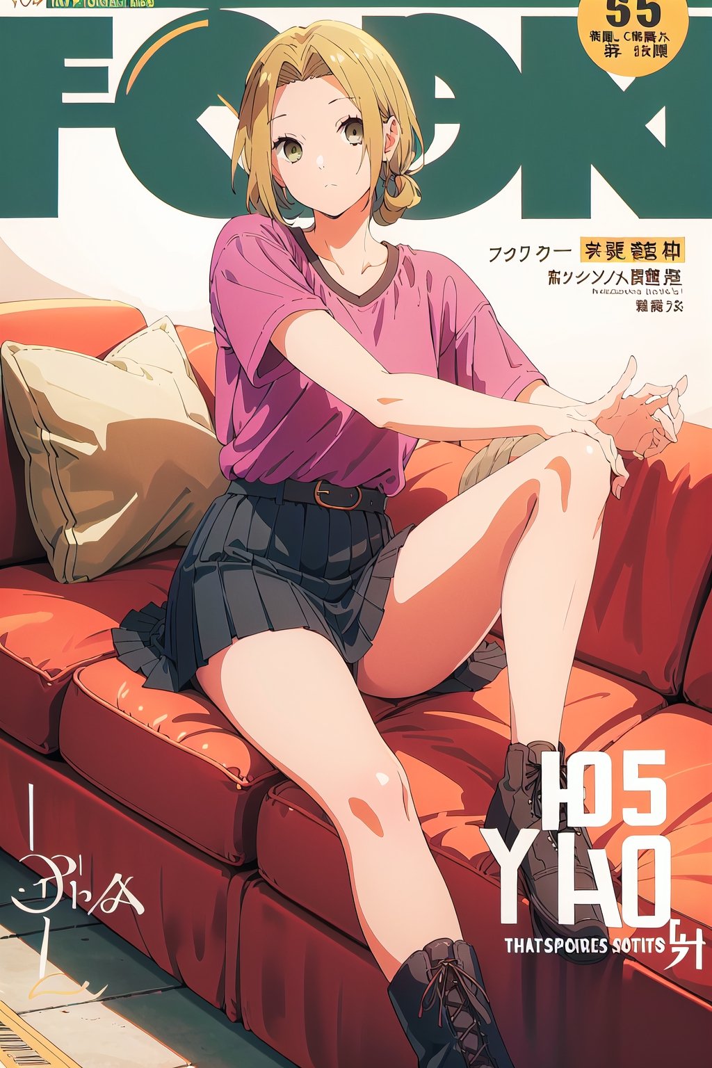 horimiya_yuki,1girl blonde hair,
vintage long hairstyle,magazine cover,modeling pose, ,sofa,sitting,vintage skirt, vintage boots, sports shirt tucked into skirt, giant belt