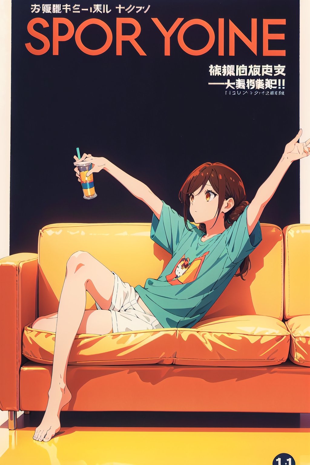 1girl,horimiya_hori, brown eyes,
vintage long hairstyle,magazine cover,modeling pose, side view, lying face up, full_body, sofa,sports t-shirt