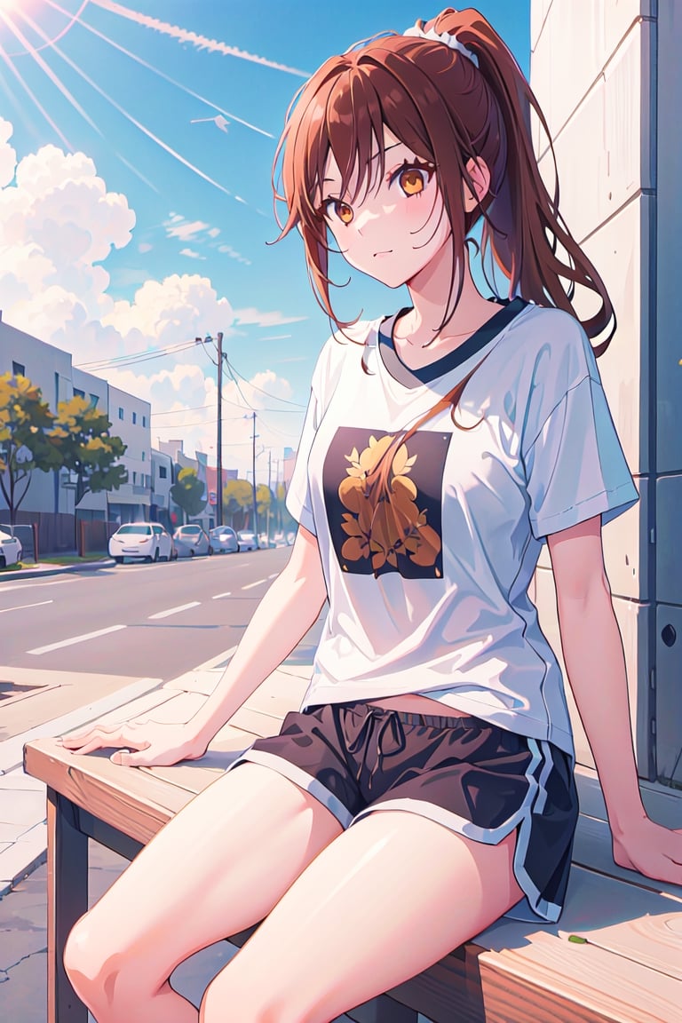 1girl,hori kyouko, brown_eyes, brown_hair, ponytail, seducing, sport t-shirt, sport shorts, seductive look, sitting