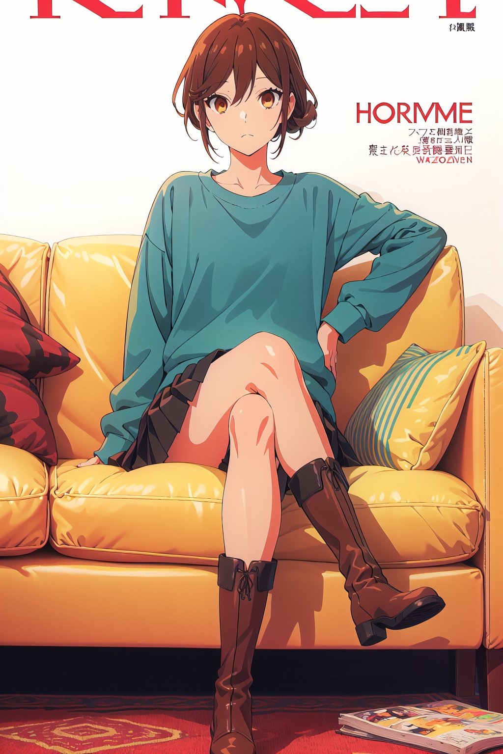 horimiya_hori,1girl ,brown eyes,
vintage hairstyle,magazine cover,modeling pose, foreground,oversized sweatshirt tucked under skirt,tight skirt,vintage boots,leg warmers,sitting,pov_eye_contact,crossed legs,sofa,
hand on face,puffed sleeves