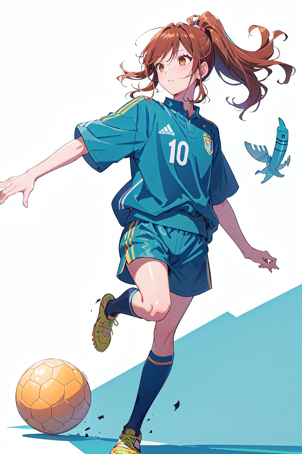 manga, 1girl, solo female, long hair, ponytail, brown eyes,sports clothing, playing soccer, soccer ball, jumoing, park, playing,wearing soccer_uniform,hori kyouko,,dolphin shorts, full_body, photoshoot, 25 years old, simple shadows, white_background