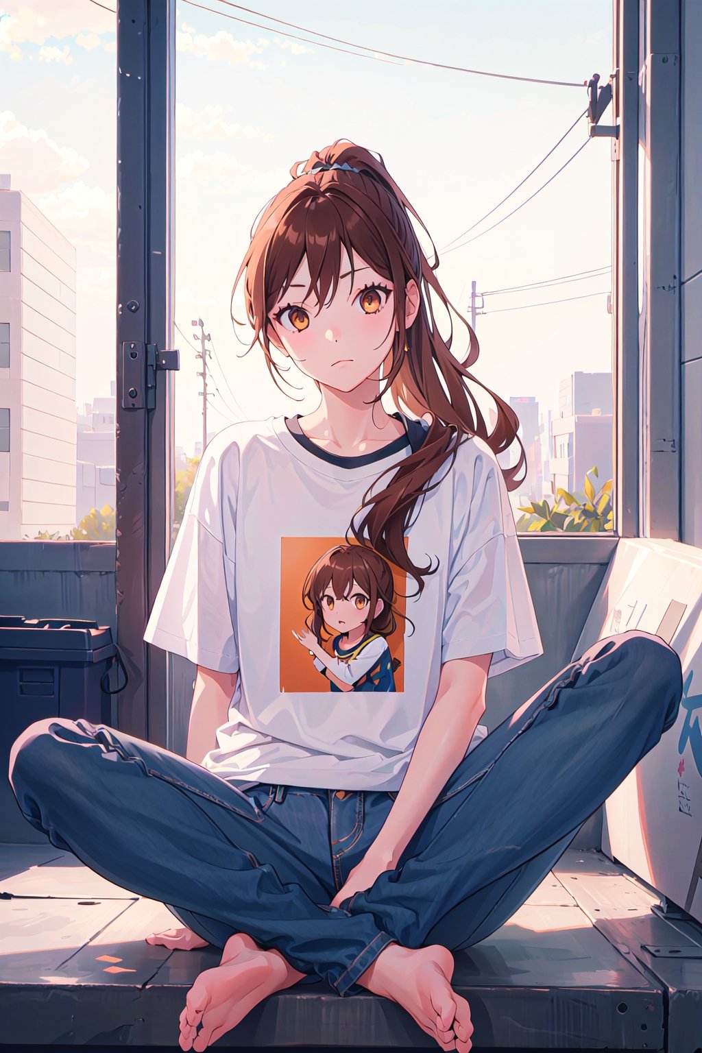 1girl,hori kyouko, brown_eyes, brown_hair, ponytail, jeans, t-shirt, sitting, looking_at_viewer, photoshoot, serious, model, studio