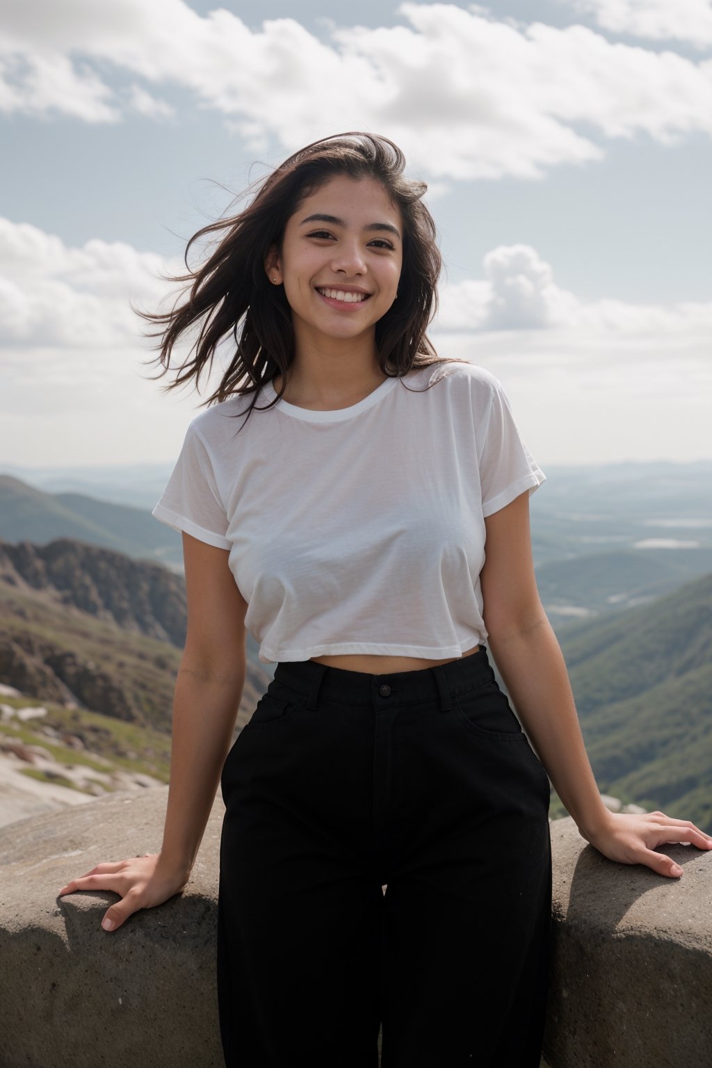 22 year old hispanic women , wearing shirt and pant, wet hair, black eyes, brown hair, smiling, normal breast, at top of mountain, taken with a Canon EOS R5 and a 85mm lens, photorealistic images, clear realistic background, HD quality