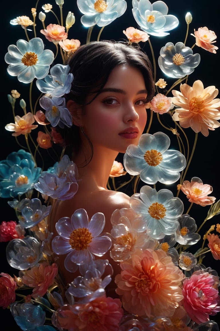 a side portrait of an attractive woman surrounded by flowers made of glass, wearing a elegnat dress made of transparent glass flowers, transparent flower, glass flower, filled with flowers, full of flowers, flower bed (close up shot 1:1) alluring pose, glass statue, attractive pose, epic pose, shot from below, perspective view, dynamic angle, dynamic pose, fashion editorial photography, master piece, hyper realistic, real skin, natural light, wall made of glass flowers, wall filled with flowers made of glass, dreamy, surreal, enchanting, back lit photography, dramatic lighting, high contrast, studio photography, portrait photography,Transparent Glass Flowers