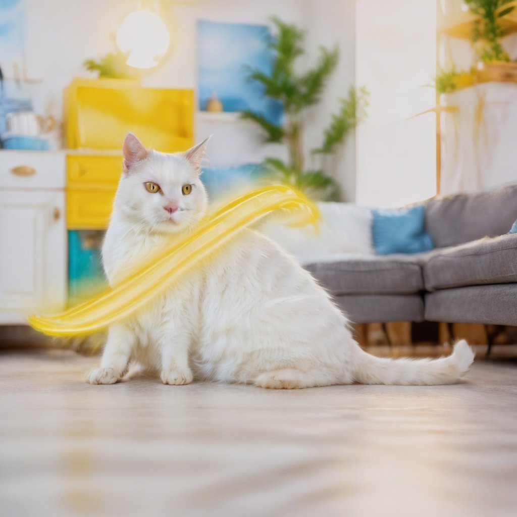 Professional photo with blur background, a cute   white cat with perfect face surrounded by a yellow ray (woosh), moving in a very luminous ambient, 8k, realistic,woosh,aw0k euphoric style