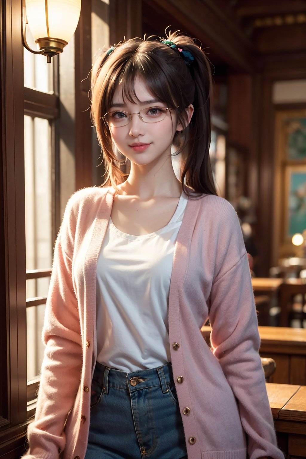 (((masterpiece))), top quality, illustration, (beautiful and delicate girl), beautiful and delicate light, (beautiful and delicate eyes), wide smile, black hair, messy hair, long bangs, hair between the eyes, ribbon, woman 1 , Korean, front shot, half body shot, pants, green cardigan, sneakers, headband, glasses, pigtails,