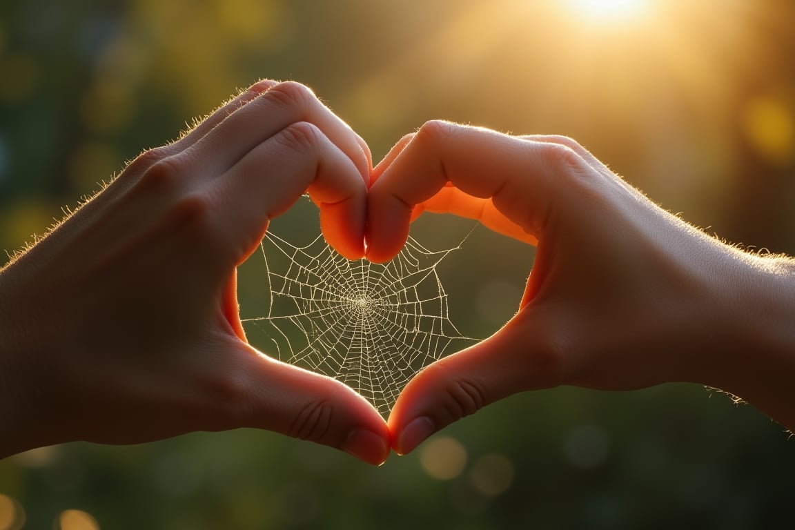 the fingers of two hands forming a heart, a spider web is stretched between the fingers