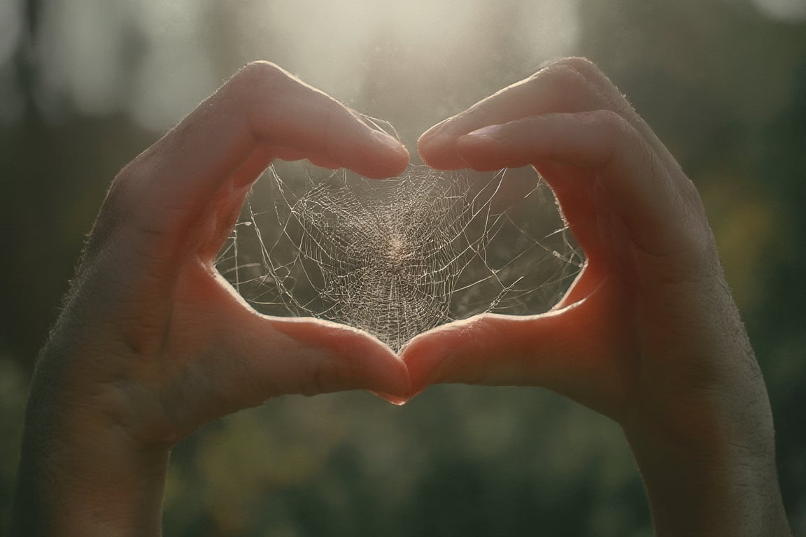 the fingers of two hands forming a heart, a spider web is stretched between the fingers