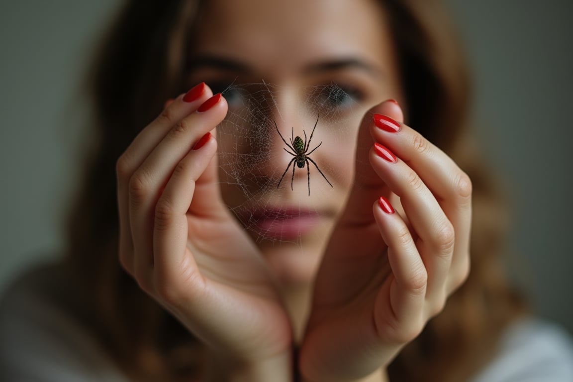 
Close-up of a woman's hands holding an intact spider web between her hands. Perfect slender hands with 5 fingers, red painted nails. The woman's face is blurred behind the spider web. No spider.
Hasselblad H6D-100c, reduced exposure, maximum contrast, ISO 100, with a 120mm macro lens and extension tubes