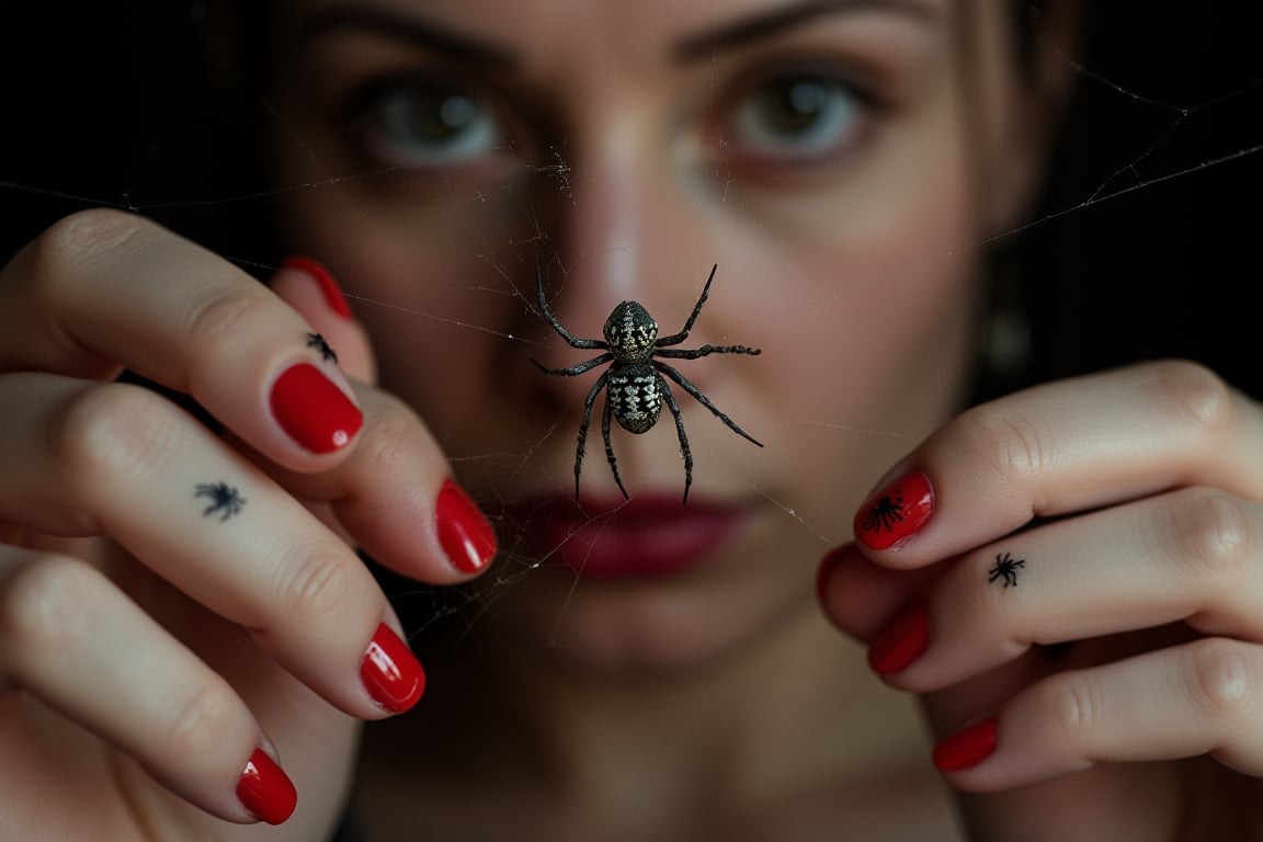 
Close-up of a spider web between a woman's hands, perfect slim hands with 5 fingers, red painted fingernails with black spiders painted on them. The woman's face is blurred behind the spider web. No spider.
Hasselblad H6D-100c, reduced exposure, maximum contrast, ISO 100, with a 120mm macro lens and extension tubes