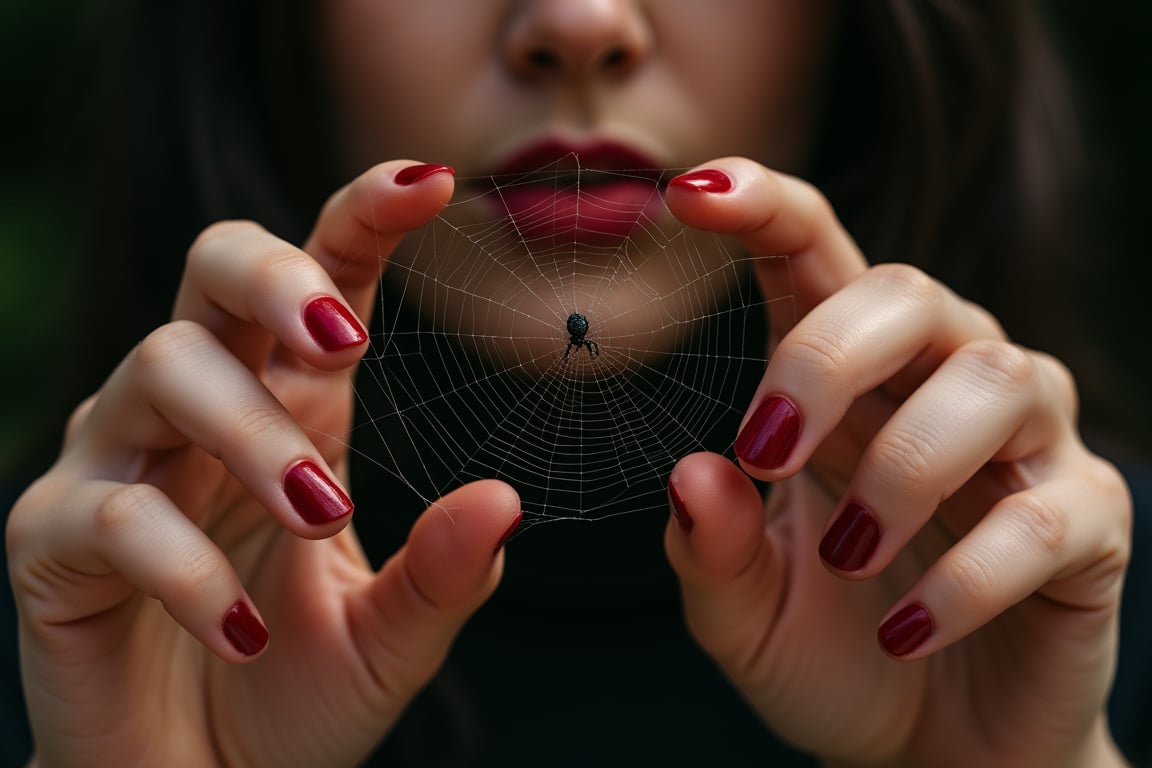 ((Close-up of a spider web)), spider web between woman's fingers, perfect slim hands with 5 fingers, red painted fingernails. The woman's face is blurred behind the spider web. No spider.
Hasselblad H6D-100c, reduced exposure, maximum contrast, ISO 100, with a 120mm macro lens and extension tubes