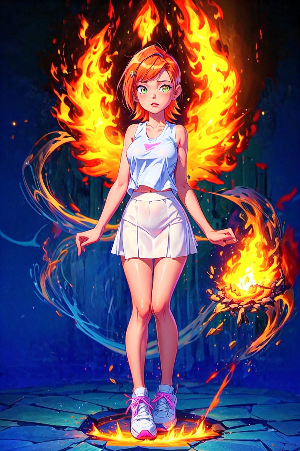 (masterpiece: 1.2), best quality, PIXIV, arcana, 1 girl, fire background, fire hair, fire dragon, red glow, girl, sharp eyes, short hair with long locks, full lips, gwendolyn Tennyson, skirt white, wide bust, perfect ass, (white skirt) light blue tank top, pink sneakers, full body, (Gwendolyn Tennyson), details on the hands, details on the face, no contrast, no watermark, image of high quality, full body image