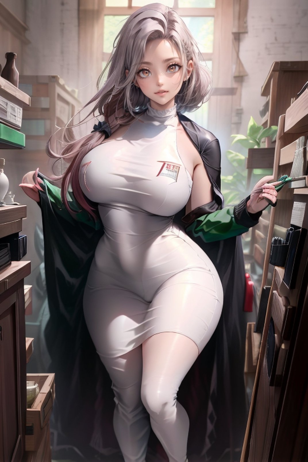 (masterpiece, best quality), intricate details, curvy_figure, beautiful girl, Kushina_NS, hairclip, white skin, light grey eyes, sharp jawline, cropped jacket, smirk,Kushina_NS, full body imagen, perfect face, mini Green drees.