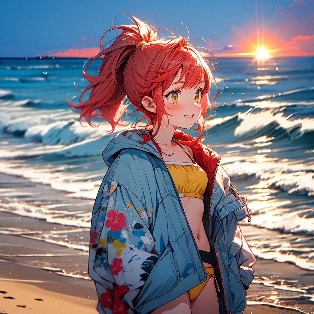 masterpiece:1.2, best quality:1.2, 8k raw, (Simple, light pastel teal and white), (anime:1.0), morning sun, glow, beachside,
(1woman), 14 teen, loli laughing, long light, redhead, ginger hair (full red color hair), yellow eyes, pigtails and bangs, full body
(offwhite croptop:1.2), (yellow bikini bottom:1.2), (white sneaker:1.3), midjourney, look away, watching sunrise, walking along the beach, full view, 
