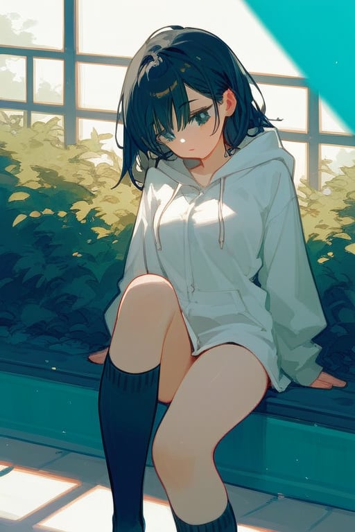 score_9_up,score_8_up, source_anime, 1girl, black hair, no pants on, knee socks, hoodie goes down to waist