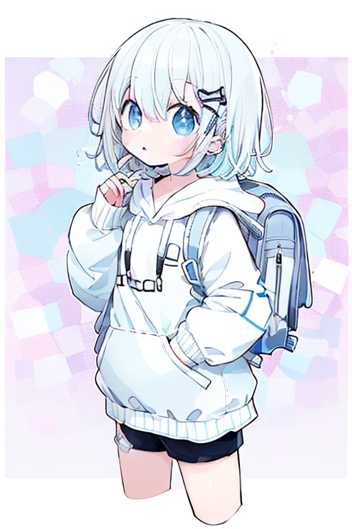 a girl with white short hair arguing with someone, hands covered by hoodie, holding backpack, eye_narrowed, hand on hip, looking away