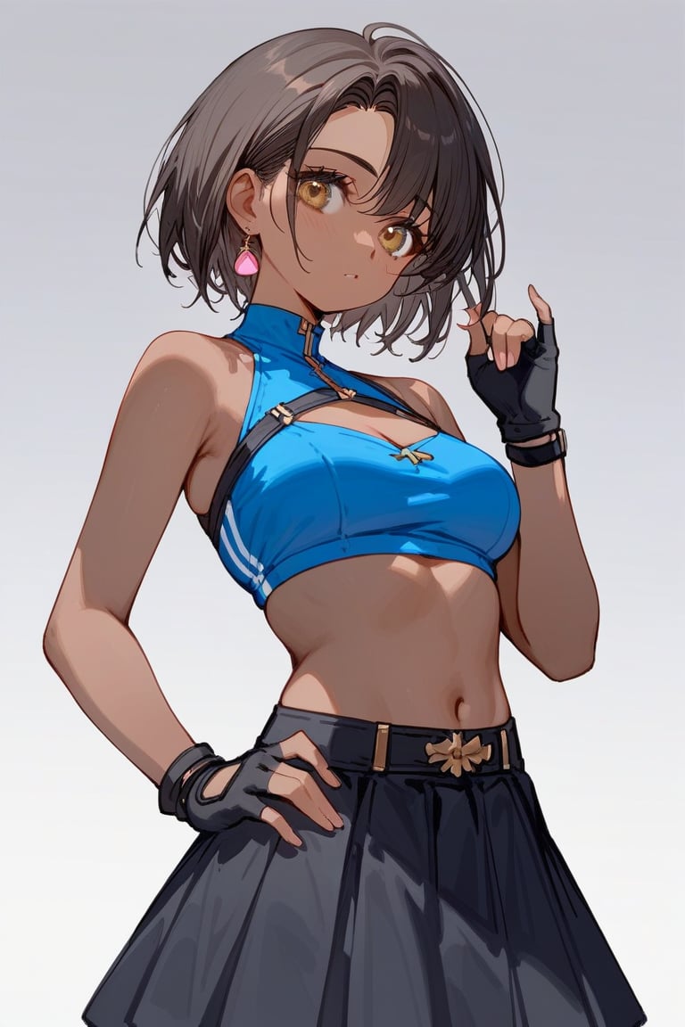 score_9_up,score_8_up, source_anime, 1girl, hot, dark brown skinned, black hair, vitiligo, black skirt, royal blue crop top, black fingerless gloves, pink highlight, hazel brown eyes, black bow, vitiligo skin